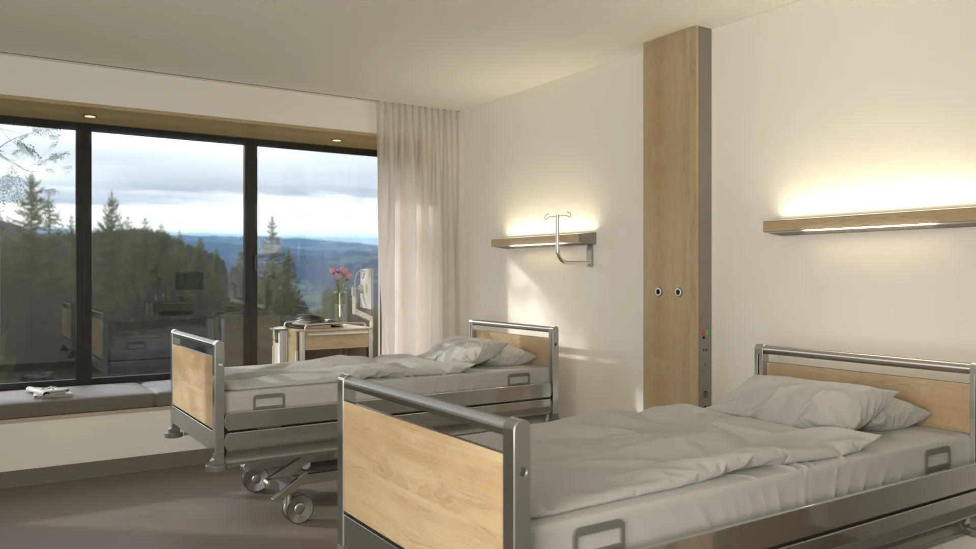 Two hospital beds with wooden cladding standing side by side in front of a large window with a view outside